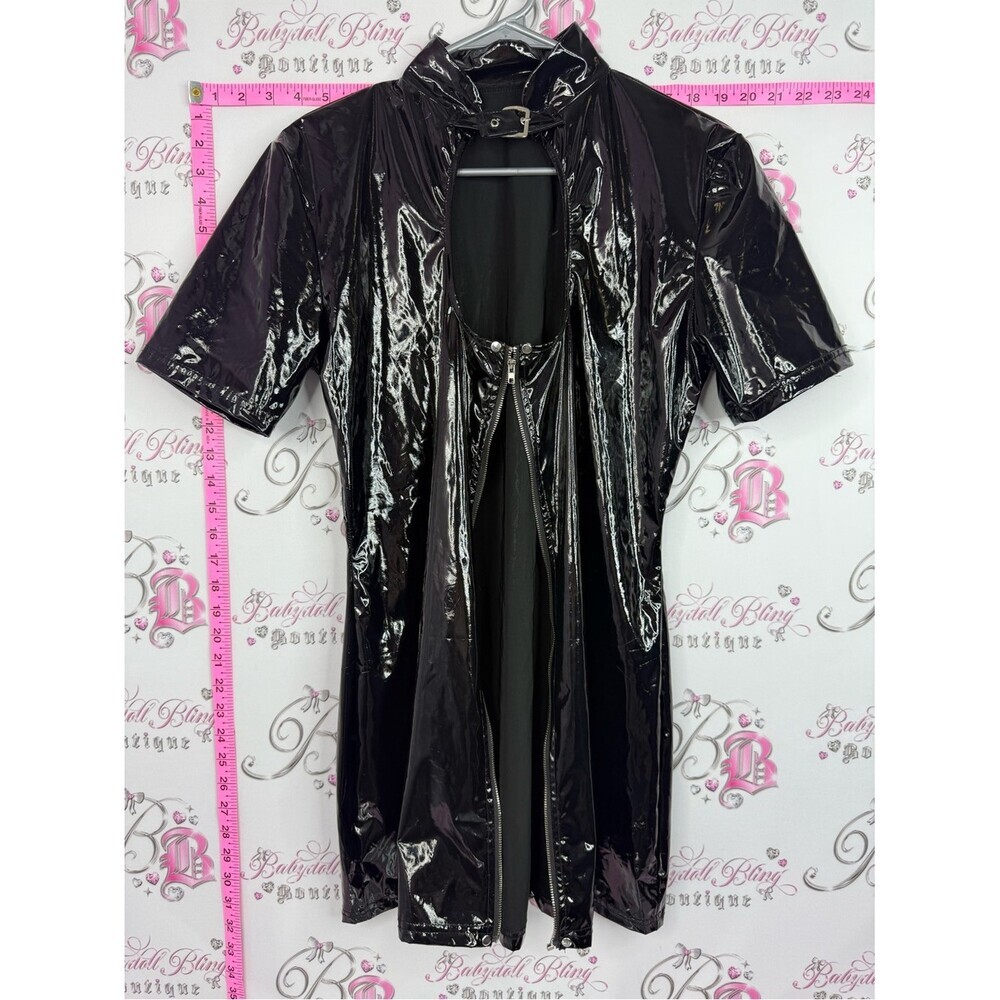 Dress faux leather shiny Glossy Black Vinyl Short Sleeve Zip-Up Dress